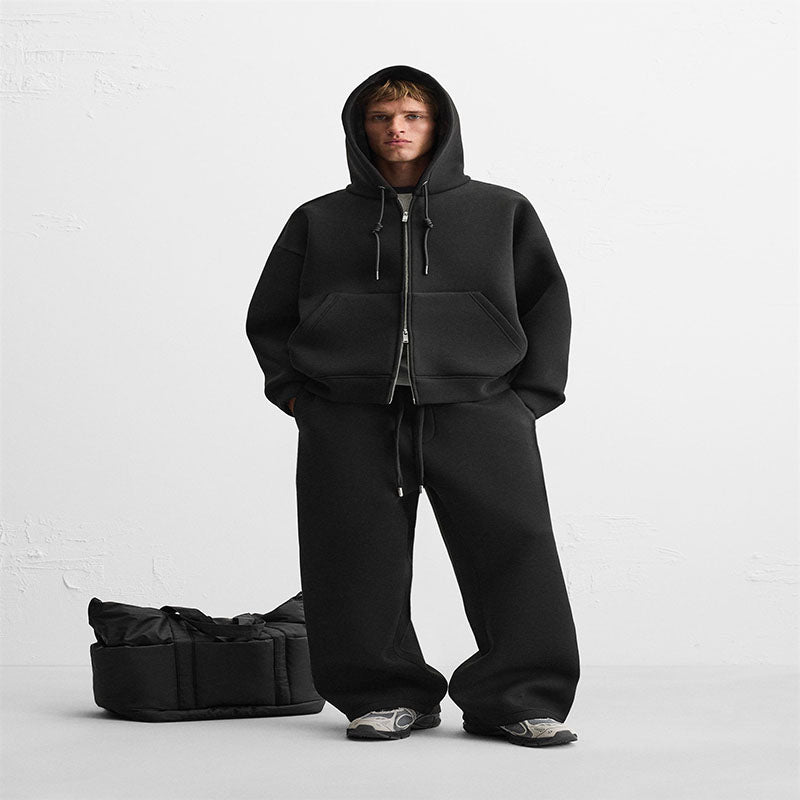 Conjunto de sudadera con capucha y cremallera para hombre, tejido técnico de peso pesado, holgado, primavera 2025