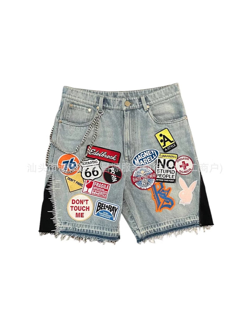 Shorts Denim Bordados Estilo Retro