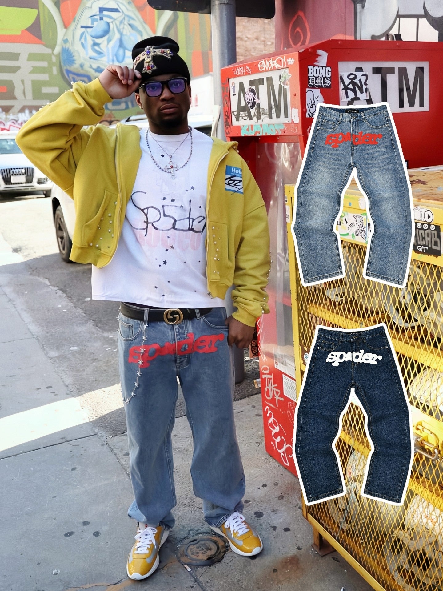 Jeans SP5DER Letra Impresa Hip-Hop Americano